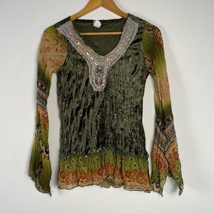 Vintage Y2K Forest Fairy Beaded Mixed Media Top Size M Velvet Crinkle Goblincore